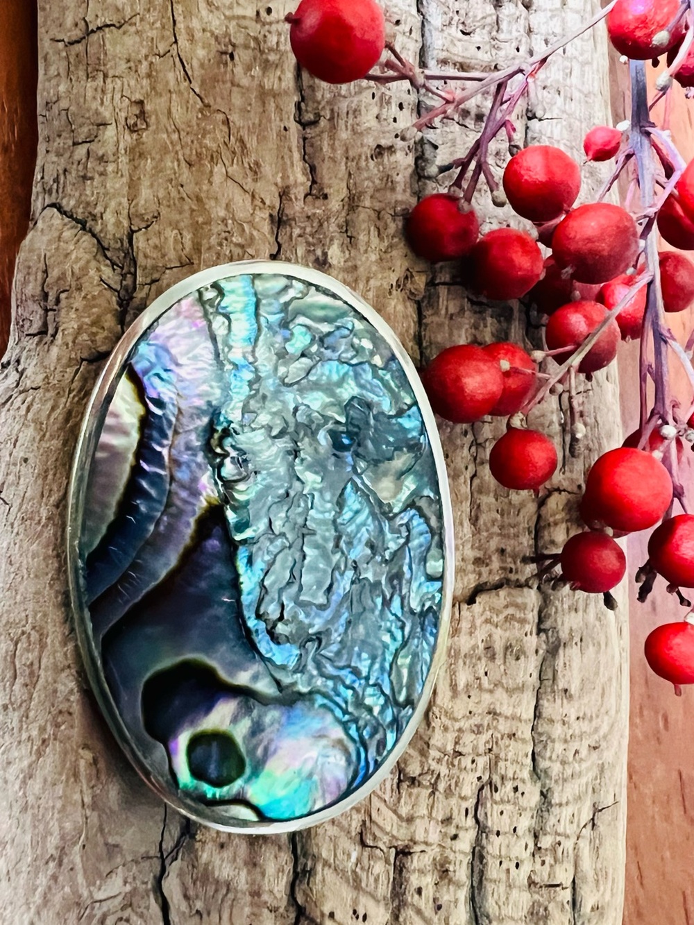 Taxco Mexico Alpaca Oval Brooch Abalone MOP Pearl Signed Shell Large 4 cms